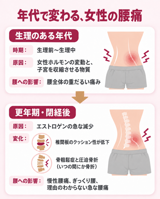 生理のある年代と、更年期・閉経後とで、腰痛の原因が変わることを示す図