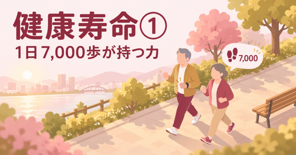 川沿いの遊歩道を並んで歩く高齢の夫婦と、7,000歩を示す吹き出しのイラスト
